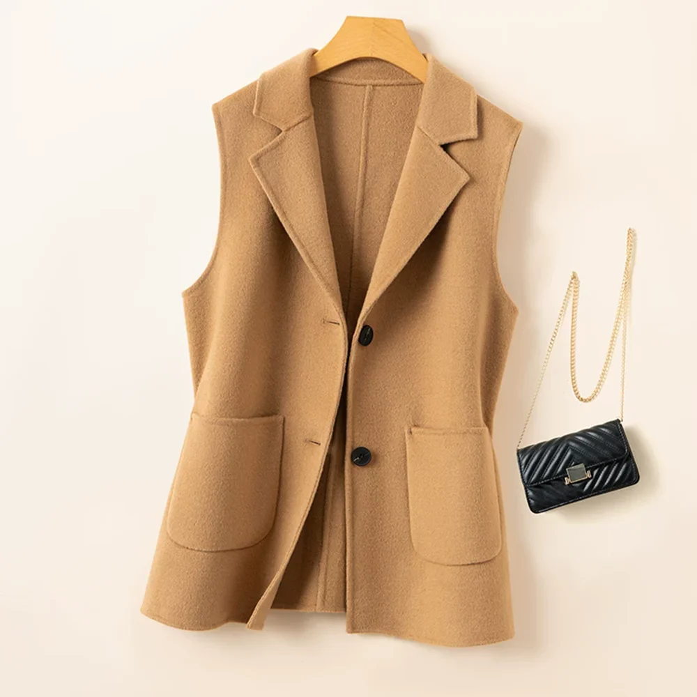 Double-sided cashmere vest for women short woolen coat for autumn and winter 100% wool vest overcoat sleeveless waistcoat