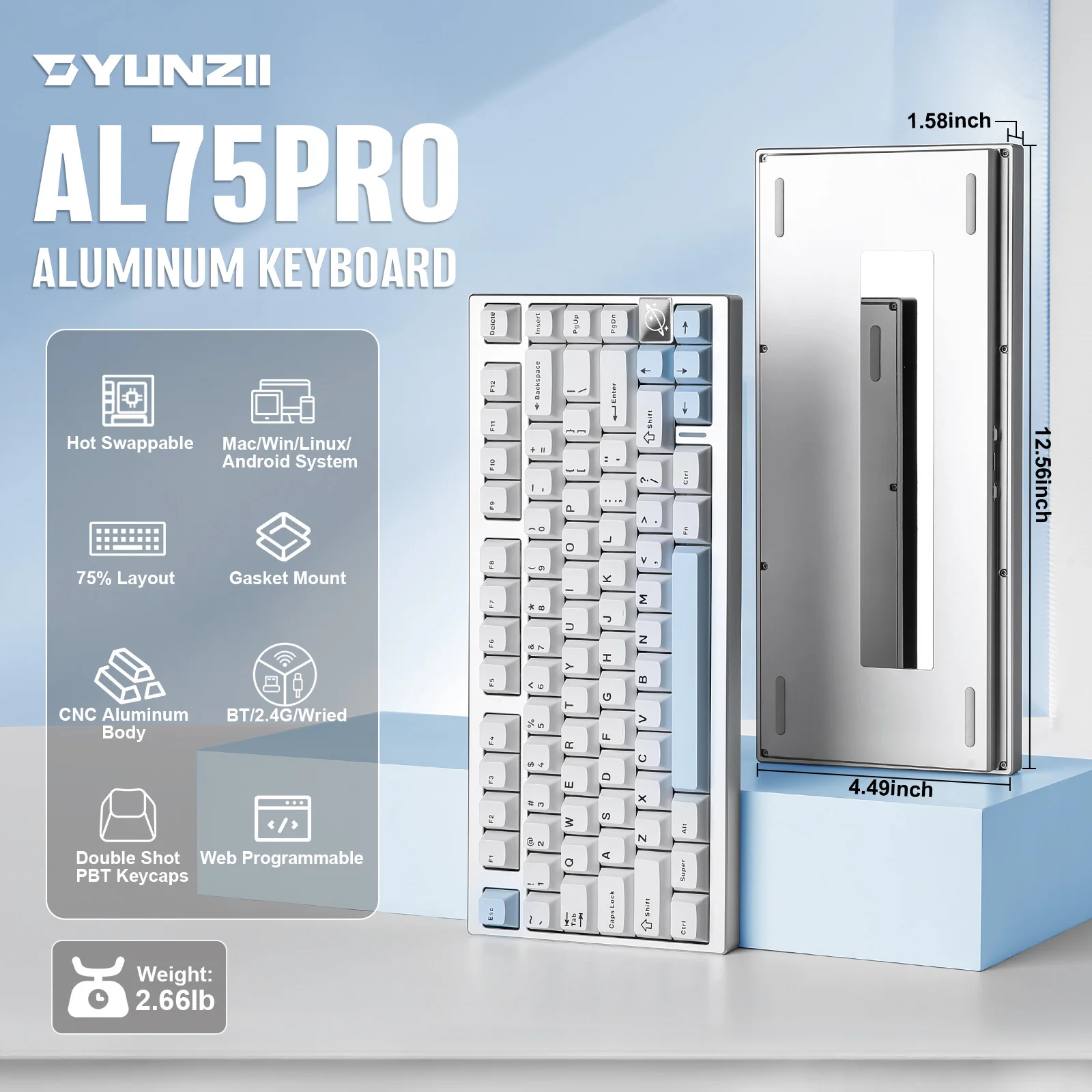 YUNZII AL75 PRO Silver Aluminum Wireless Gaming Keyboard, 75% Mechanical Gasket Keyboard, Hot Swap Custom RGB Keeb for Mac/Win