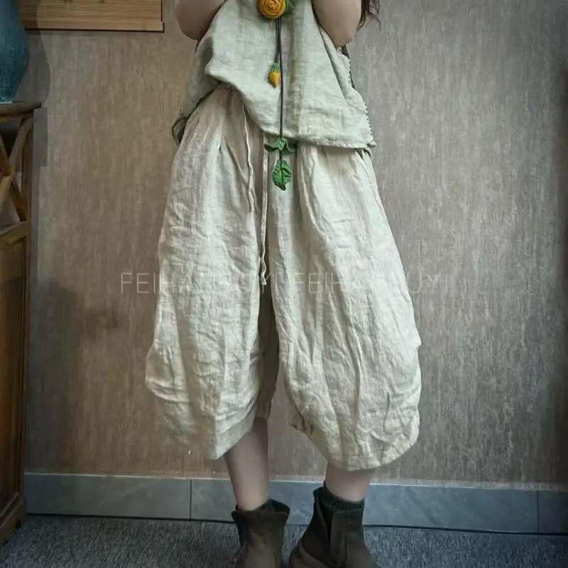 

Summer Arts Style Women Elastic Waist Loose Casual Calf-length Pants Vintage Pleated Solid Linen Capris Harem Pants High Quality
