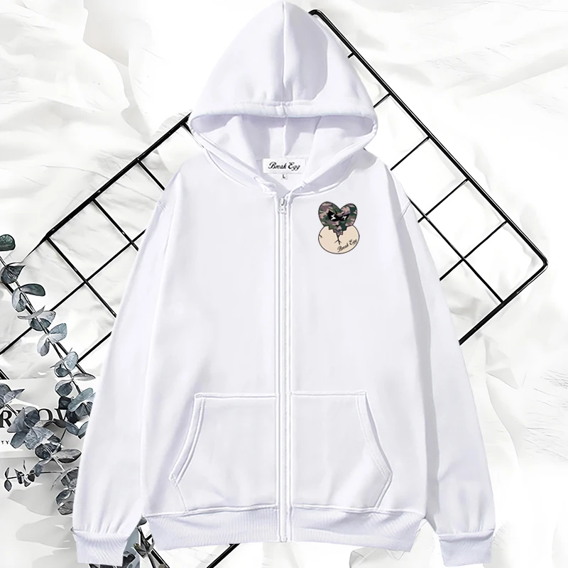 

Broken Egg Polka Dot Camouflage Heart Print Women Zipper Hoodie Polyester Pocket Loose Thin Spring Autumn Sports Leisure Sweater