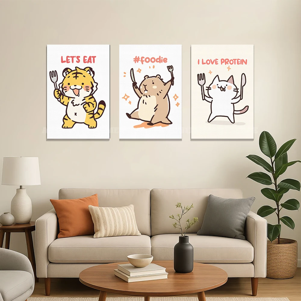 Playful Cartoon Animal Foodie Poster, Unframed Canvas Print, Whimsical Cute Critters Art for Kitchen and Breakfast Nook Decor