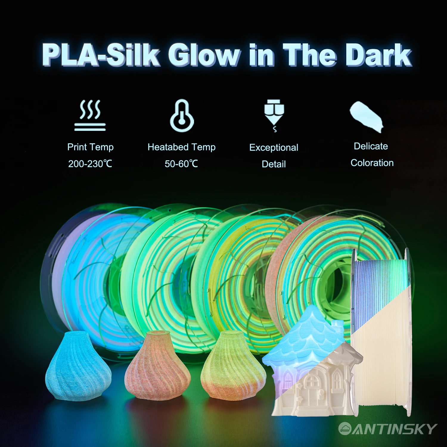 

Antinsky PLA-Silk Glow in The Dark 1.75mm 3D Filament 1KG 3d printer High speed filament