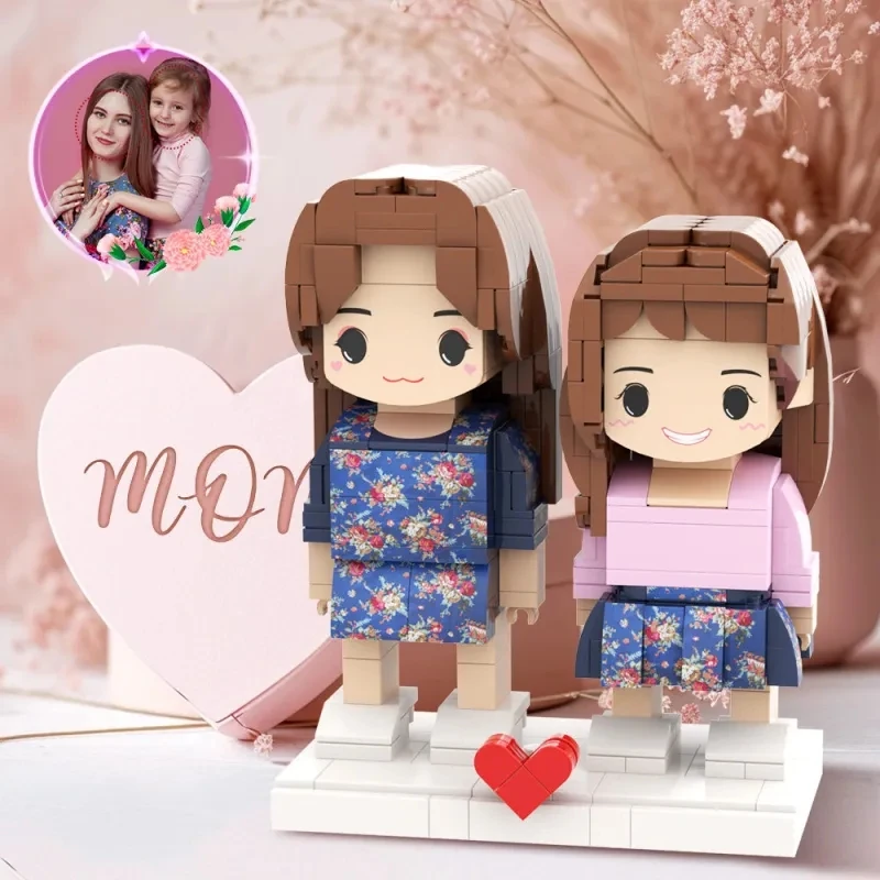 

Mother's Day Daughter Mother Pretty Matching Blue Dress Customizable Head 2 People Custom Brick Figures Gift Mom On Mother's Day