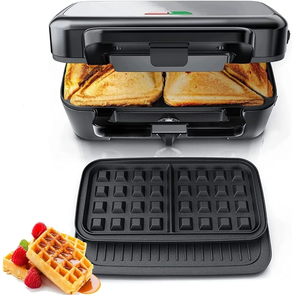 Waffle Maker 3 in 1 Sandwich Maker 1200W Panini Press With Removable Plates and 5-gear Temperature Control, Non-stick Coating