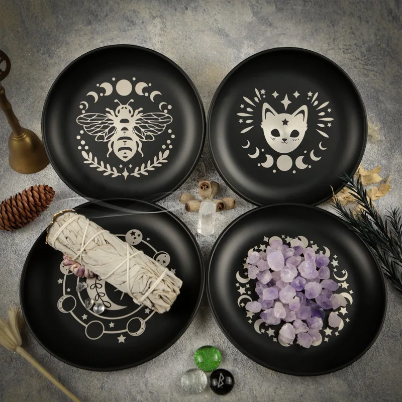 14cm Gothic Moon Phase Altar Tray, Black Metal Witchy Decor Tray Crystals Stones Candle Spiritual Home Decor Gifts