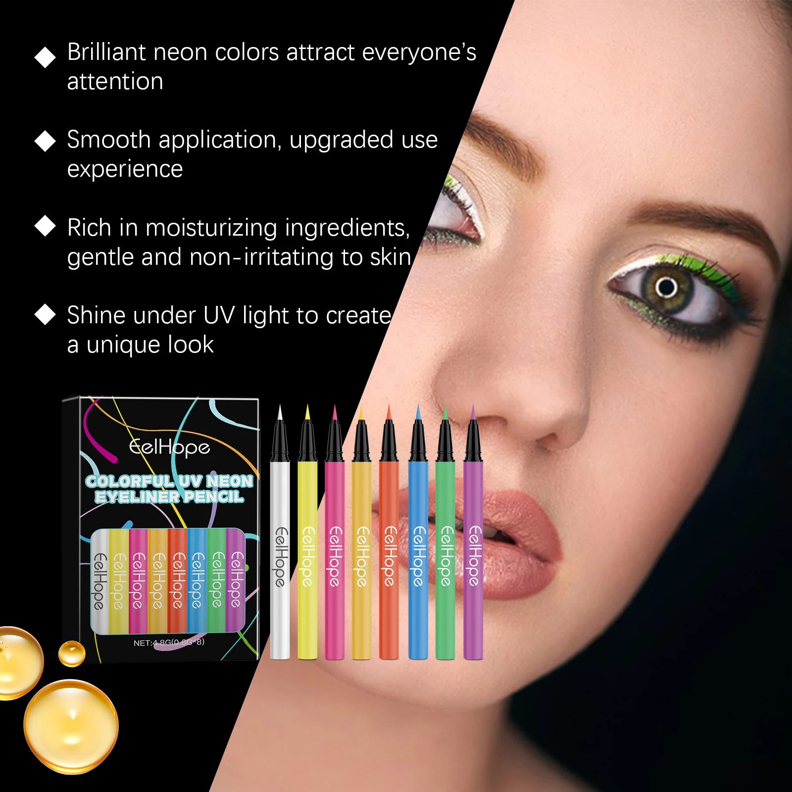 8-kleuren UV-neon eyelinerpotlood Gekleurde eyeliner Glad Sneldrogend Langdurig Waterdicht voor feestfestival Make-up Cosmetisch