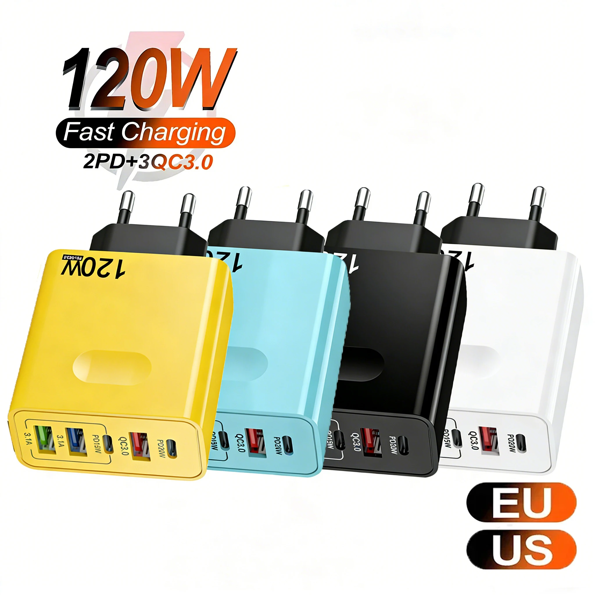 

5 IN 1 Quick Charge 3.0 USB Type C Charger 120W Fast Charging PD Adapter EU/US/UK Plug Wall Charger For iPhone 16 Samsung Xiaomi