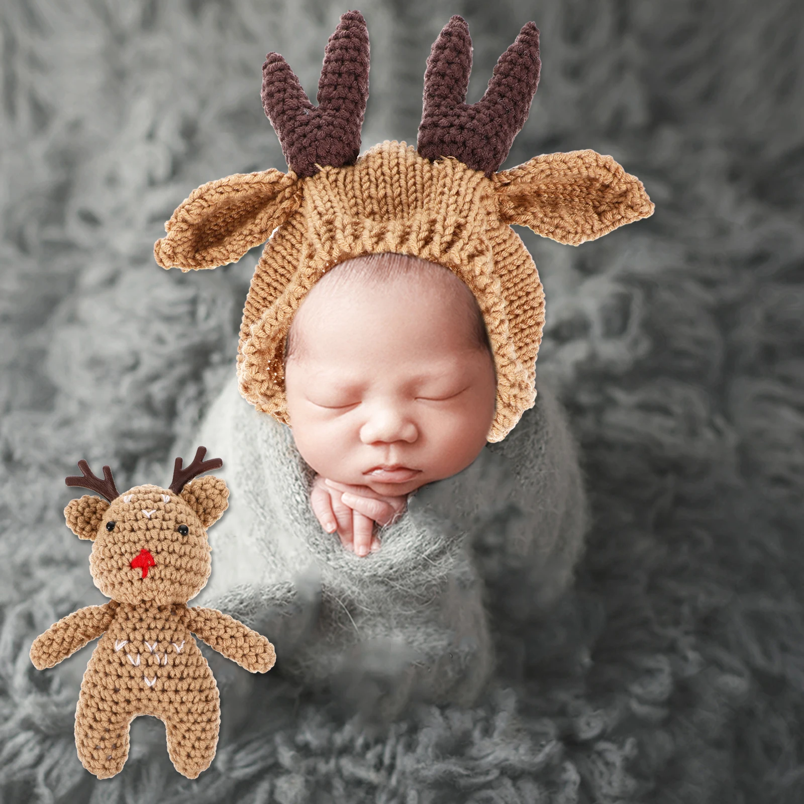 

1 set Baby Winter Hat Set Thick Thermal Knit Infant Antler Cap Windproof Breathable Warm Wool Hat For Newborn Girls Boys Outdoor