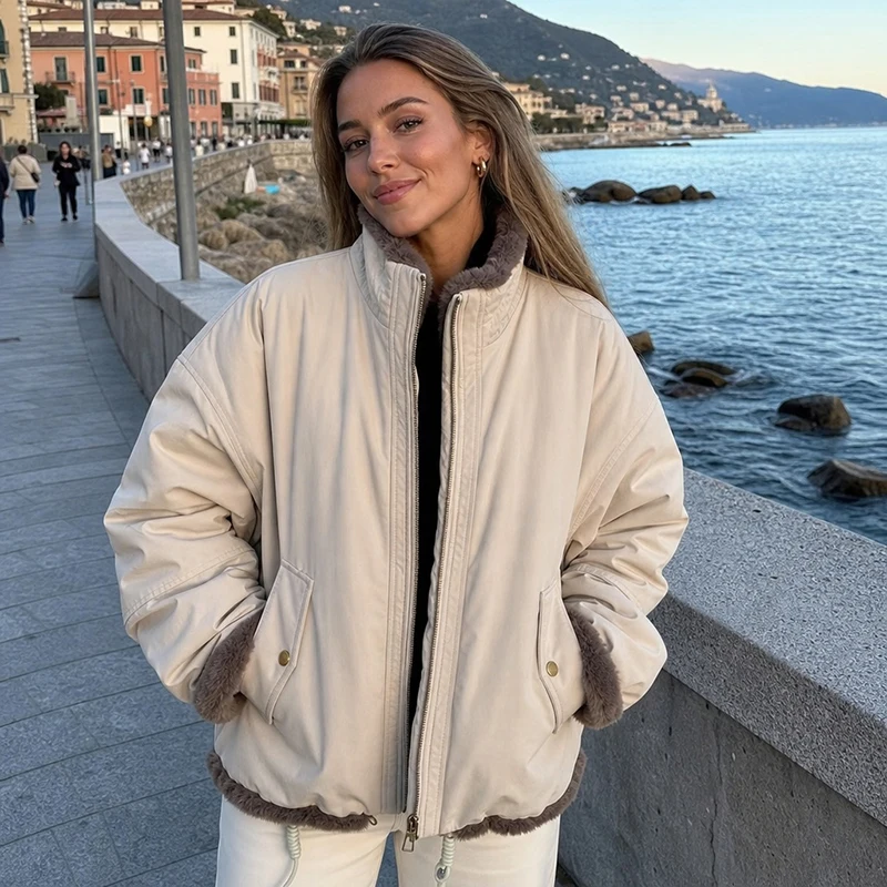 Women's Stand Collar Cargo Parka Jacket Faux Fur Lined Soft Puffy Furry Loose Warm Zipper Coat 2026 Casual Daily Commute Outwear