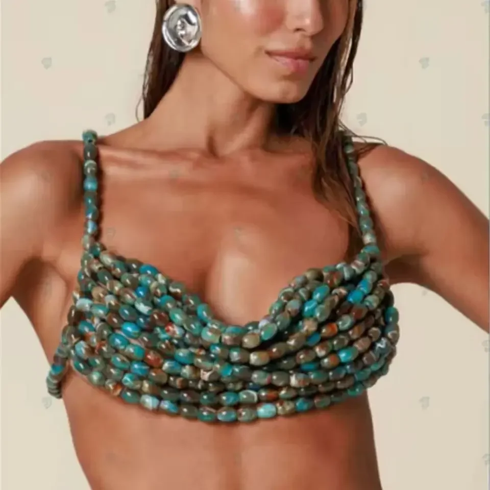 European And American Retro Style Blue-Green Gradient Multi-Layer Beaded Camisole, Exaggerated Personality Beaded Vest For Women