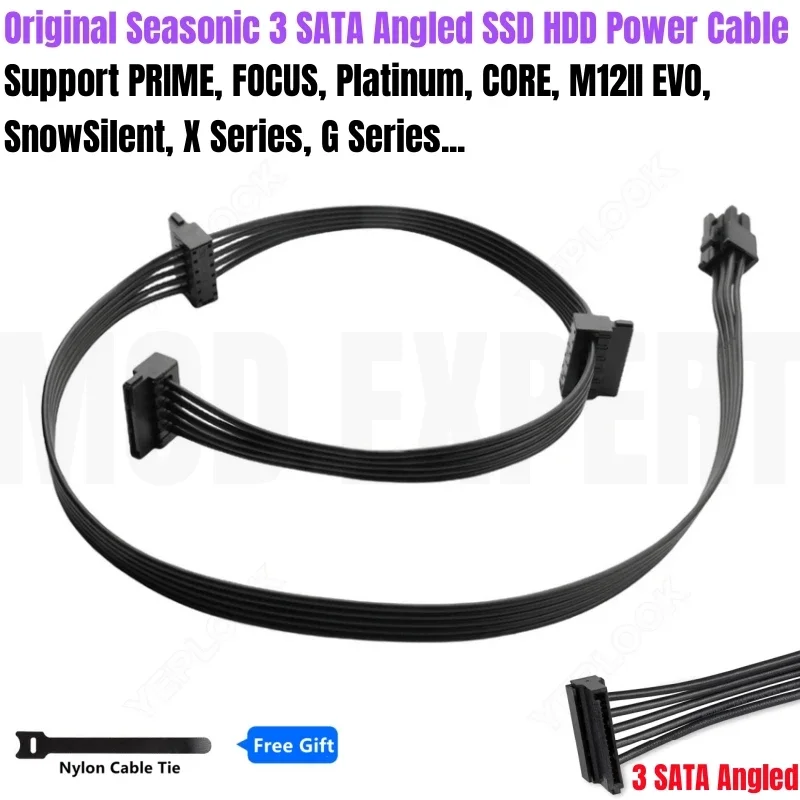 6Pin to 3 SATA Angled SSD HDD Power Cable for Seasonic Modular Power PRIME, Snow Silent, FOCUS, CORE 1200W, 1050W, 1000W, 850W