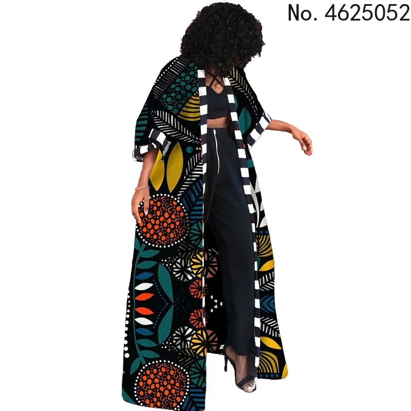 Spring Summer African Printed Outwear Women Causal 3/4 Sleeve Open Trench Coat Women Overcoat Beachwear