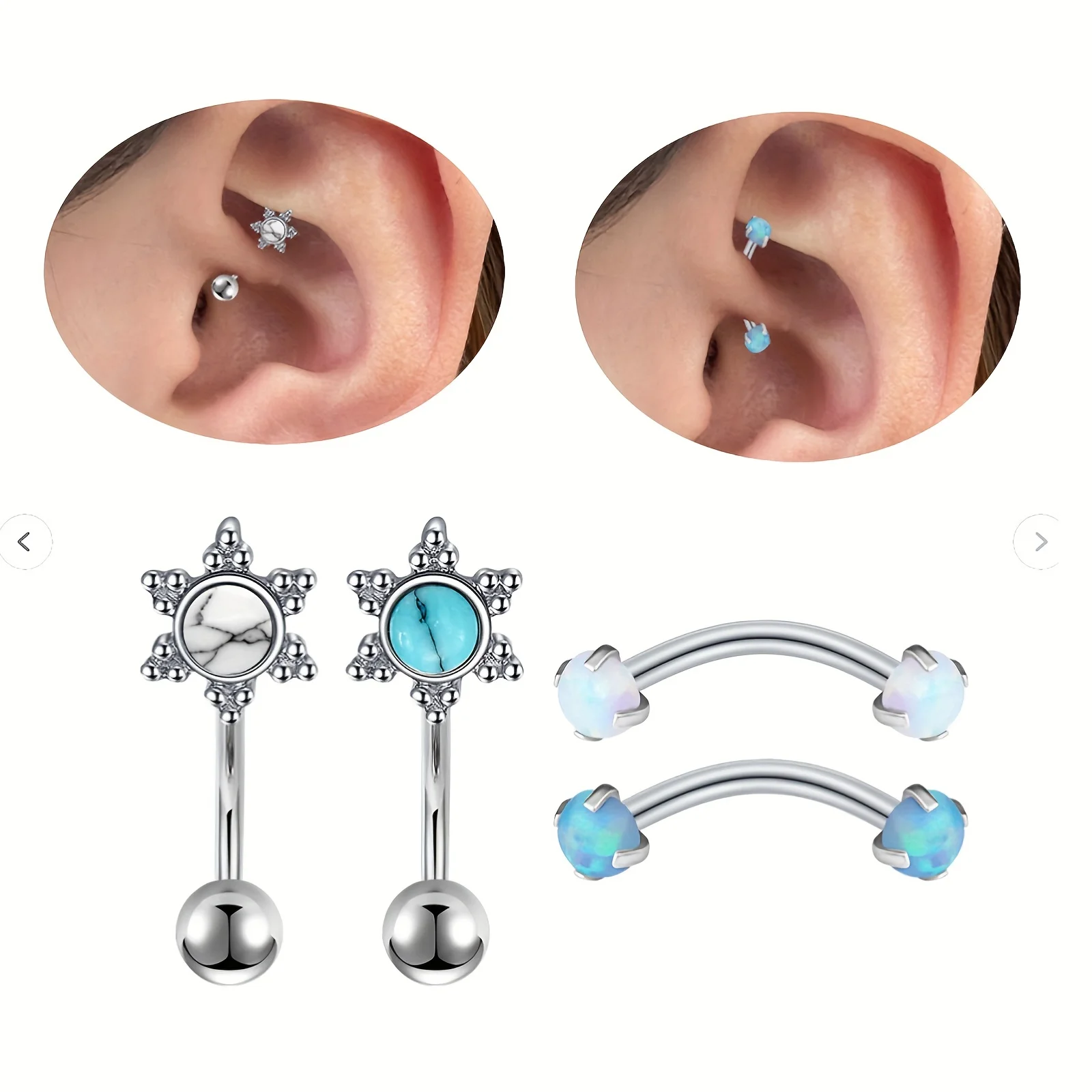 1-4pcs Retro Turquoise Opal Sunflower Stainless Steel Curved Ear Studs, Curved Rod Eyebrow Stud, Men\'s Ear Piercing Jewelry