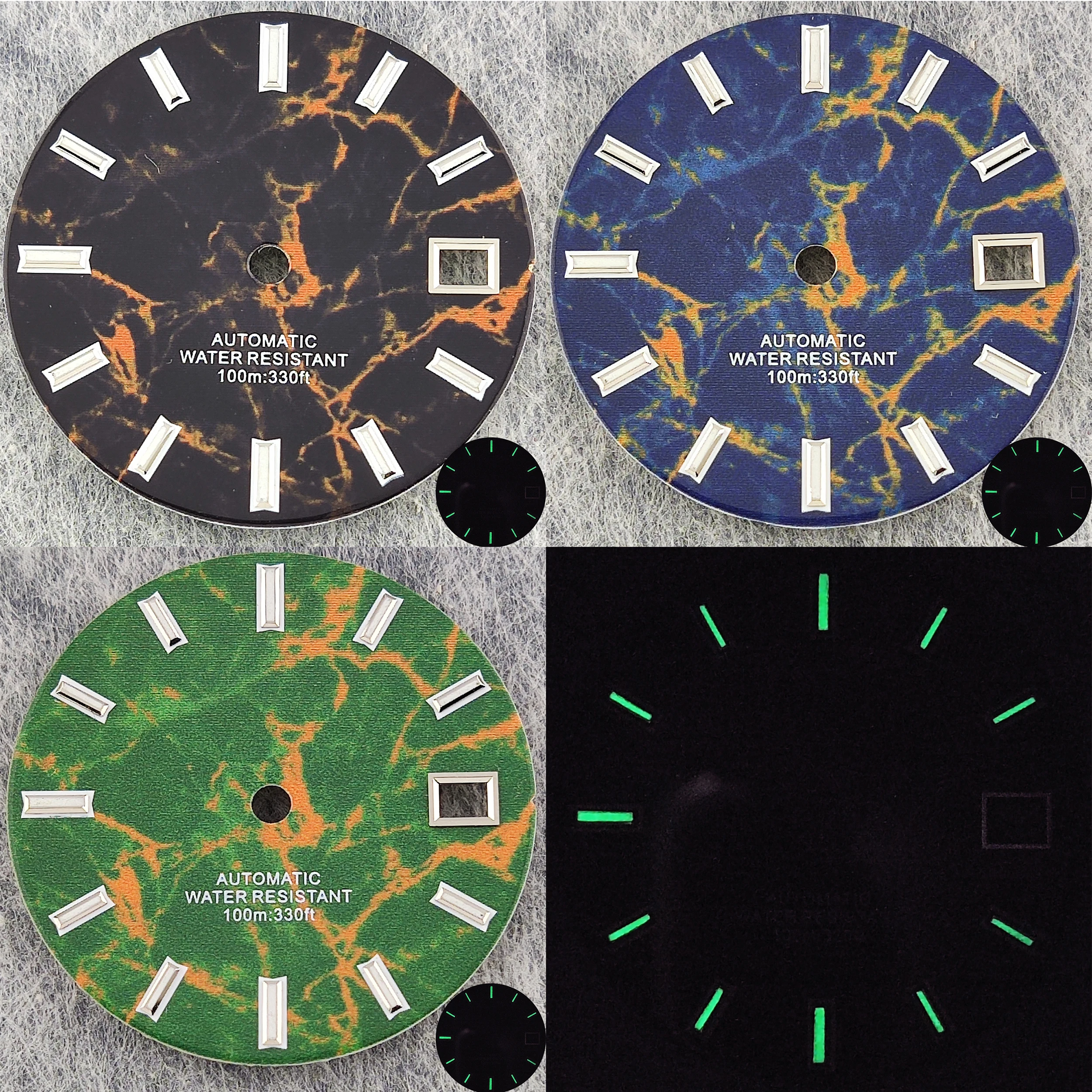 29mm stone pattern dial with blue/black/green face suitable for NH35 NH34 movement at 3/3.8 position crown green luminous