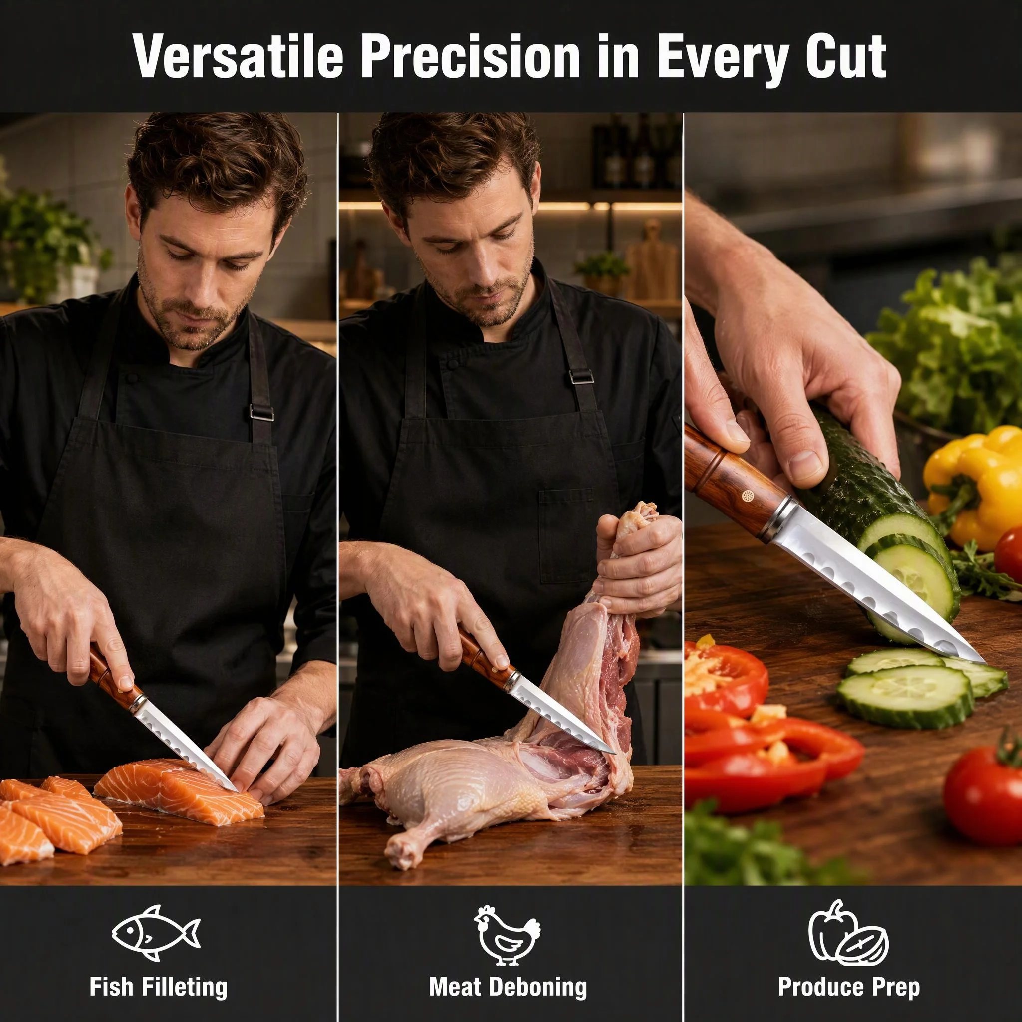 Professional kitchen knife with high hardness of 62HRC. It has a wooden handle and sheath. It is a kitchen bone-cutting knife