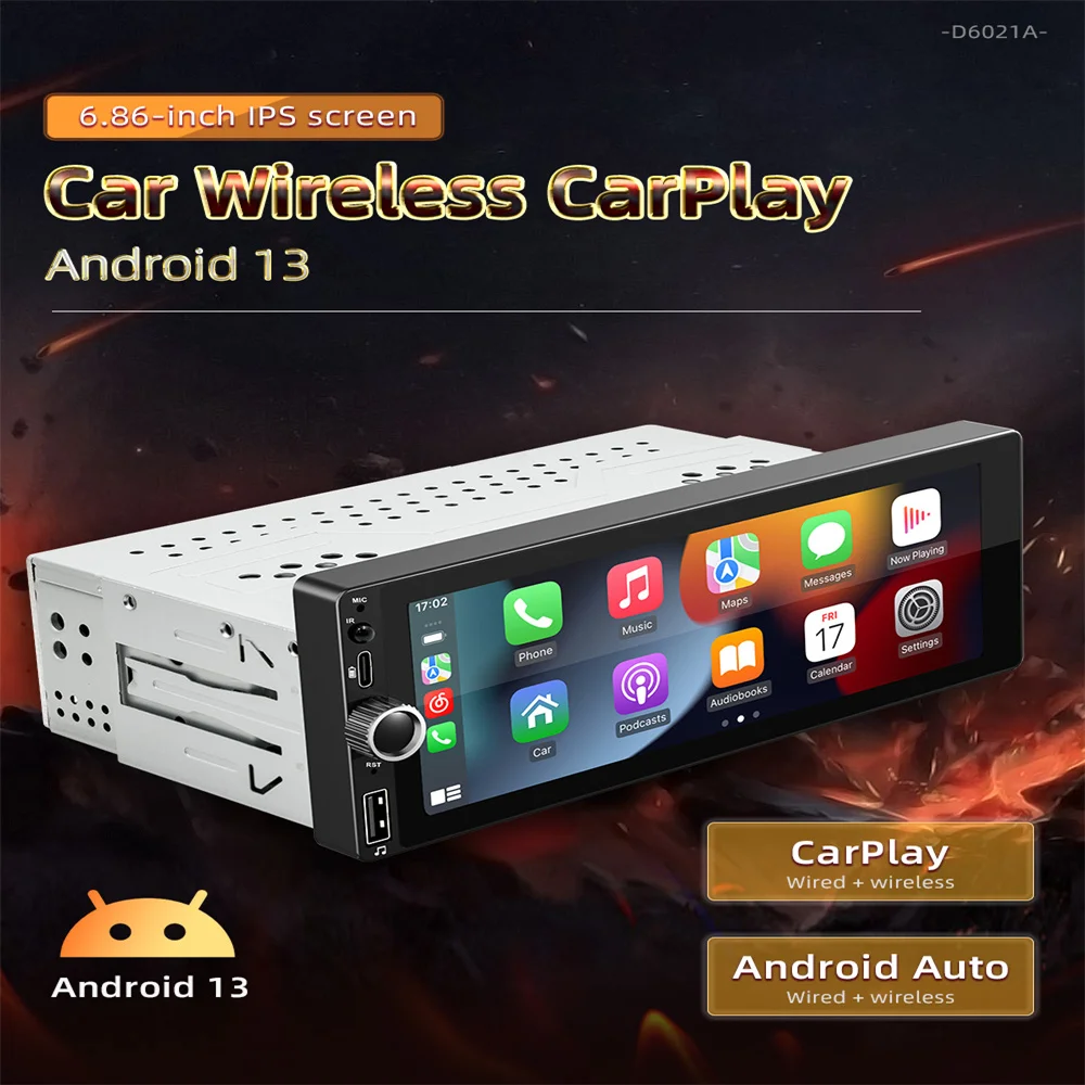 1 Din Android Car Radio Wireless CarPlay Android-Auto Wifi Bluetooth Handsfree GPS FM RDS USB 6.86