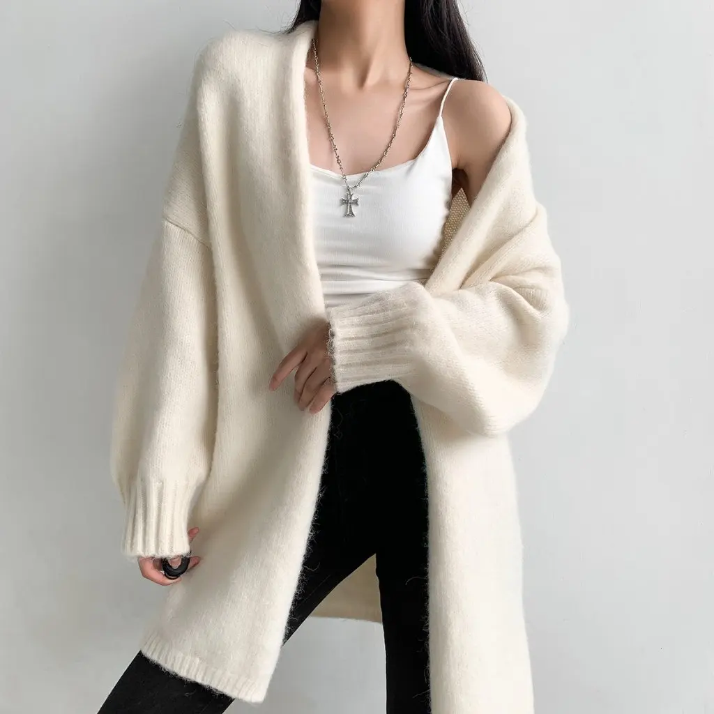 

Korean Style Women's Lazy Sweater Coat Loose Mid-Length Knitted Cardigan Autumn Winter Hot Girl Outerwear Top