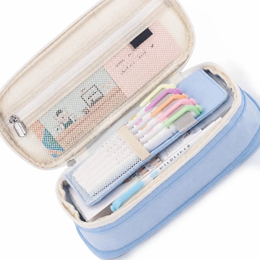 Portable Canvas Pencil Case Dual Window Split Color Storage Bag Macaron Color Large Capacity Canvas Pencil Pouch Desktop Storage
