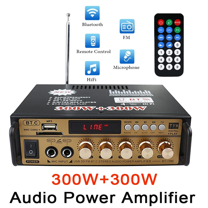 

2-канальные домашние цифровые усилители, обычный аудиовход/USB/карта хранения, мини-усилитель мощности Bluetooth с дистанционным управлением