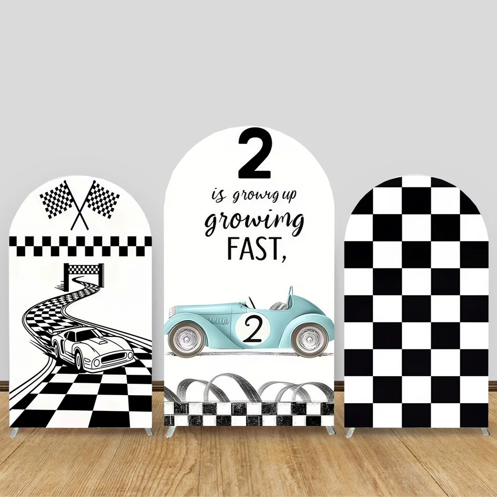 

Racing Arch Backdrop Cover Black White Checker Texture Grid Background Fabric Customize Name Boy Birthday Party Decor