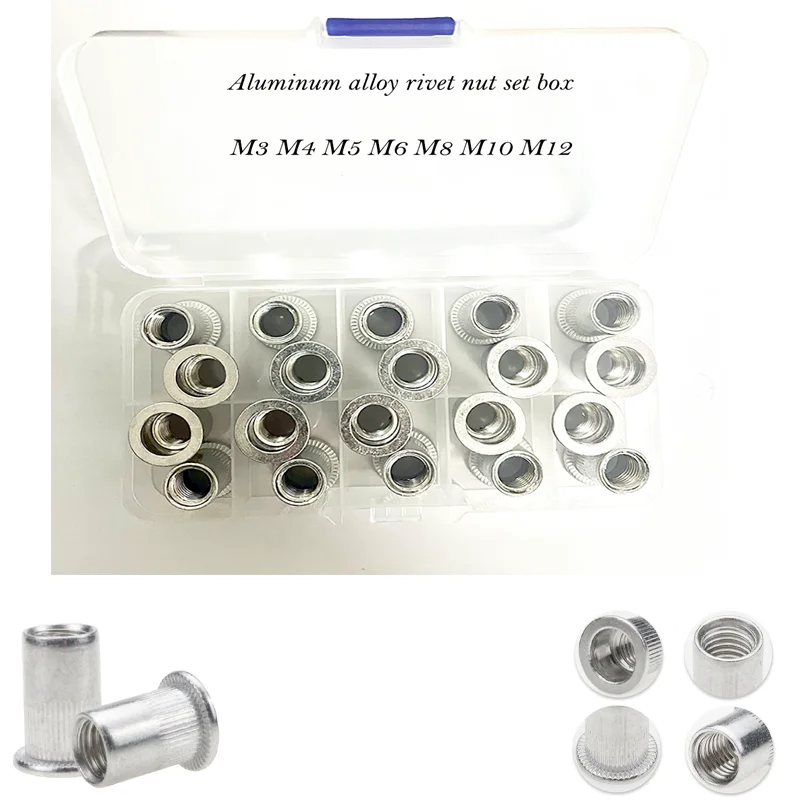 M3 M4 M5 M6 M8 M10 M12 Aluminum Alloy Rivet Nut Set Box 50 100 150 200 Pcs Flat Head Threaded Rivet Insert Rivnut Nutsert