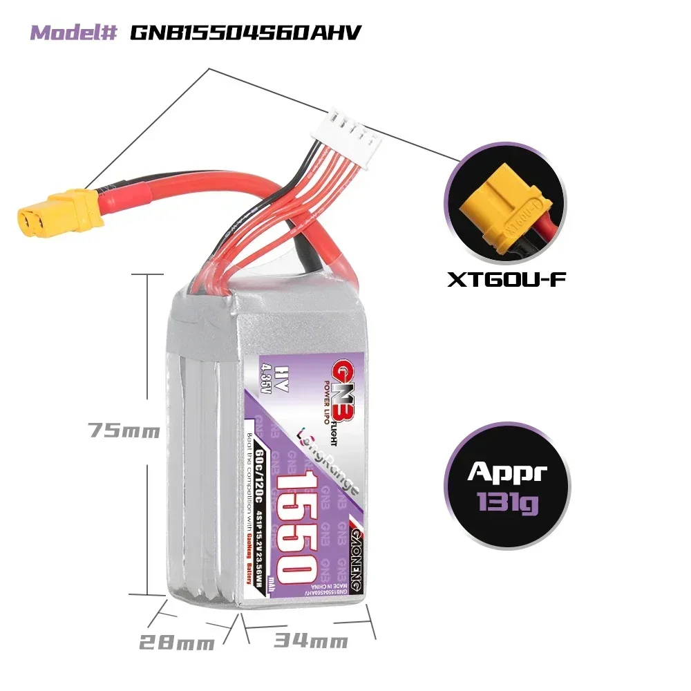 GNB 7.6V/11.4 v15.2 V/22.8V 1550mAh/1700mAh 60C 2S/3S/4S/6S batteria LiHV con spina XT60 per parti di elicotteri FPV Drone RC