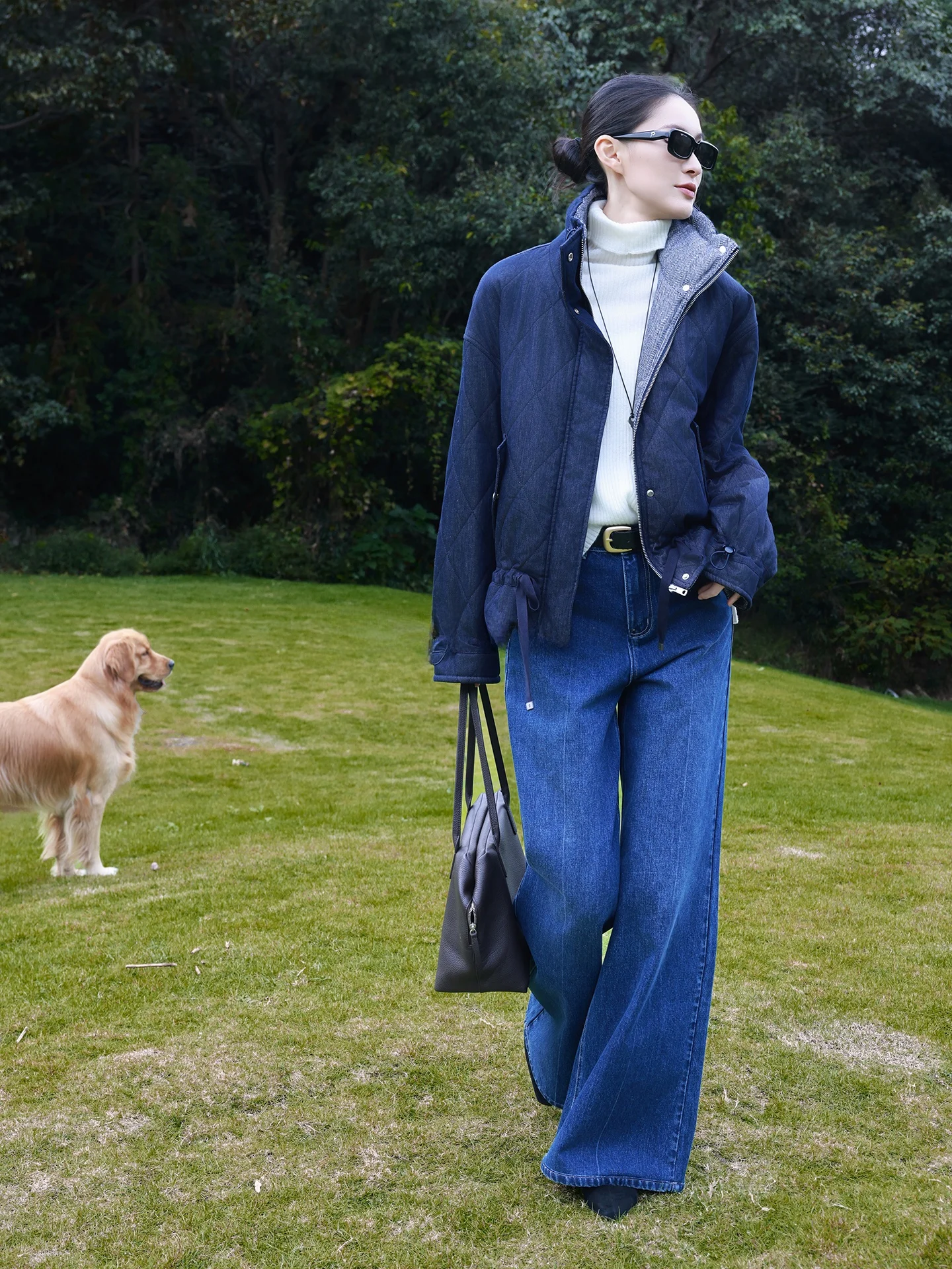 

Faionable ort Cotton Jaet Stand Collar Dstring Bot All-Match Midnight Blue Autumn Winter Commute Vintage Loose Fit