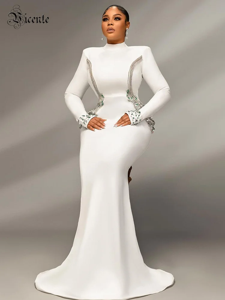 

VC Turtleneck Shiny Diamond Crystal Bandage Long Dress For Women A Line Long Sleeves Bodycon Cocktail Party Evening Gowns