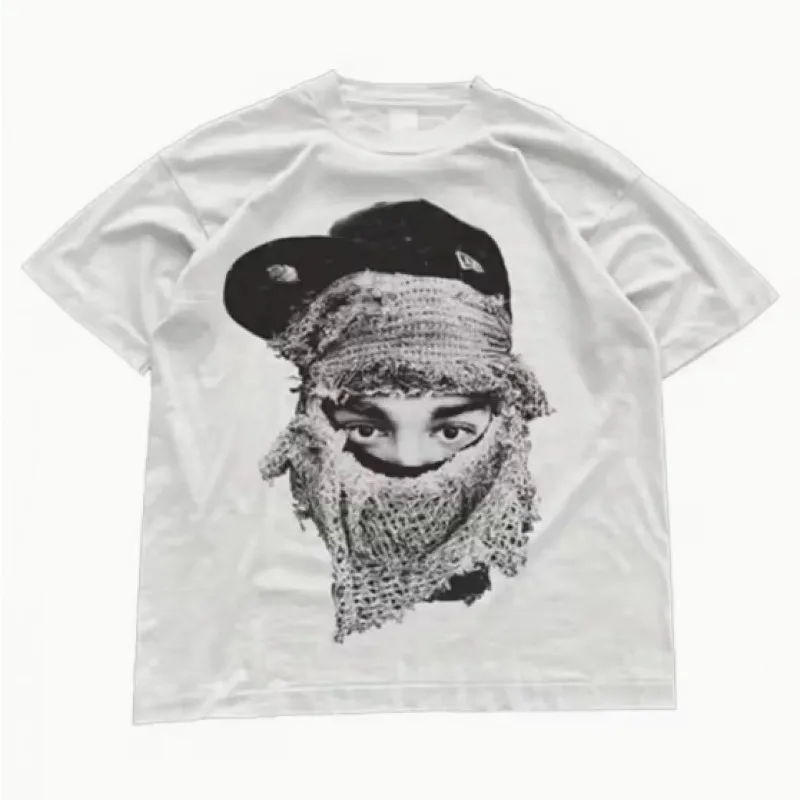Hip Hop Street Y2K Black and White Masked Men's T-shirt - Summer New Unisex Retro T-shirt