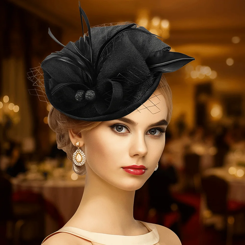 

Винтажный изысканный головной убор с перьями, элегантный сетчатый ободок для волос с бантом, для чаепития, для невесты, для фотосессий