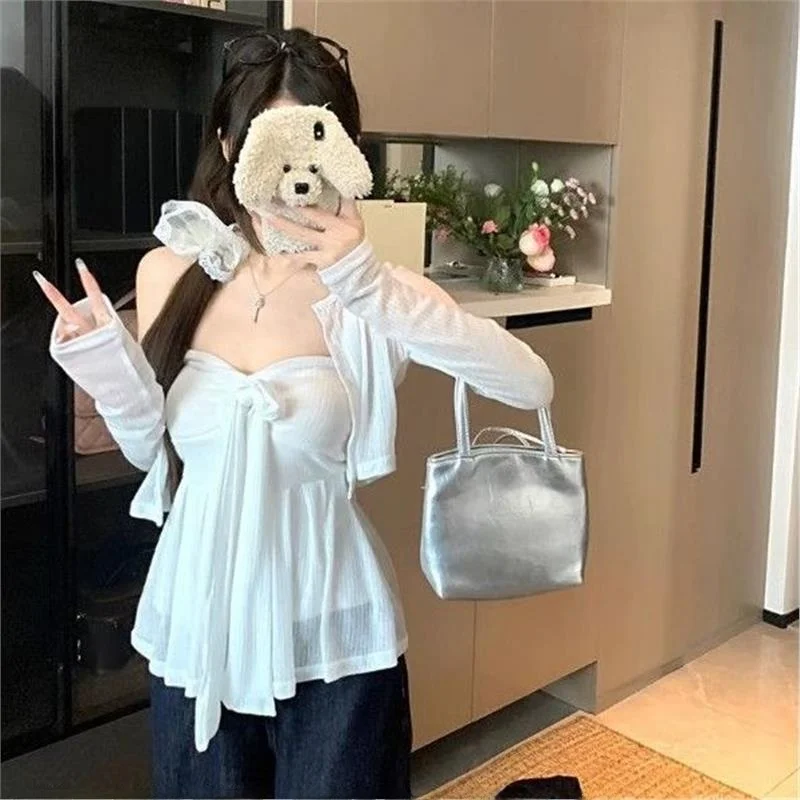 

Korean Sle Two-Piece Set White Sun Protection Long Sve Sweet And Spicy Girl Knot Lace Trim Top And Cardigan