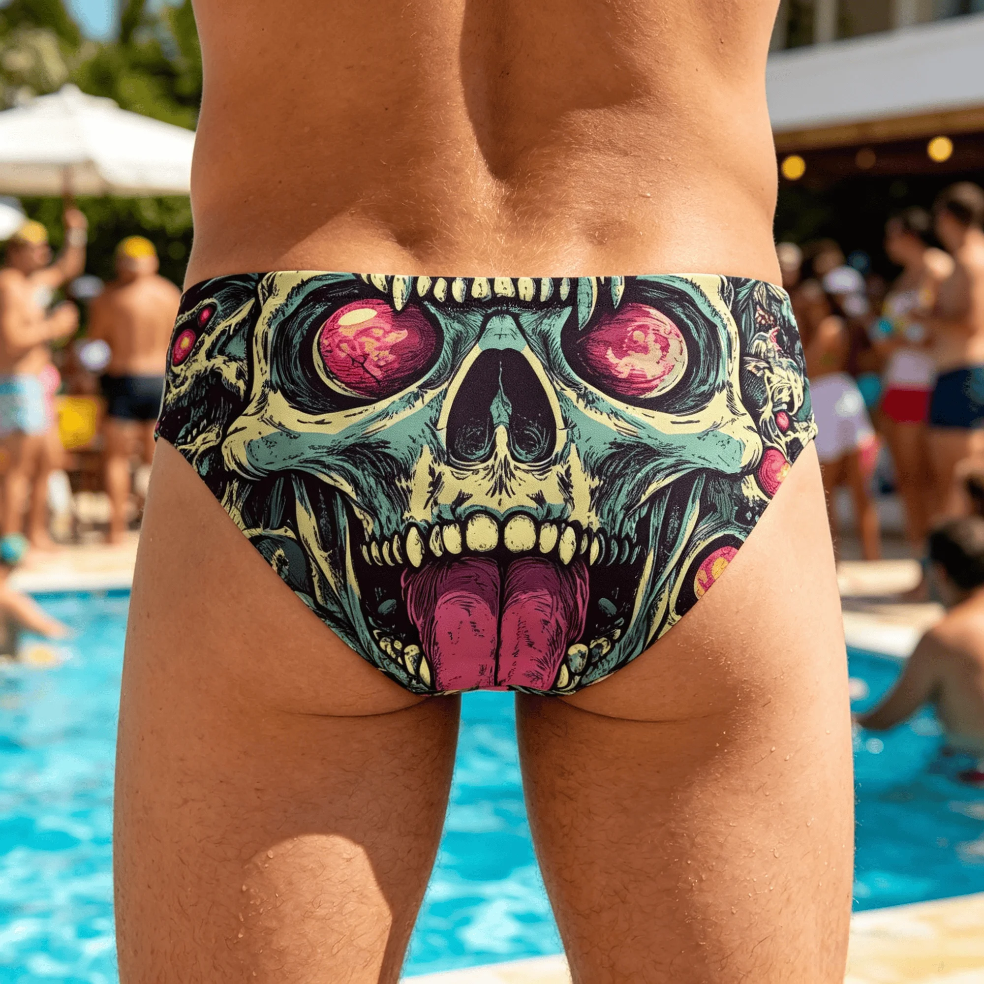 Crazy Skull Badehose, schmale Passform, langlebig, für Herren, mit Kordelzug, Dreieck-Badehose, Wasserpark, Inselurlaub, Sonnenbaden, Retro-Bademode