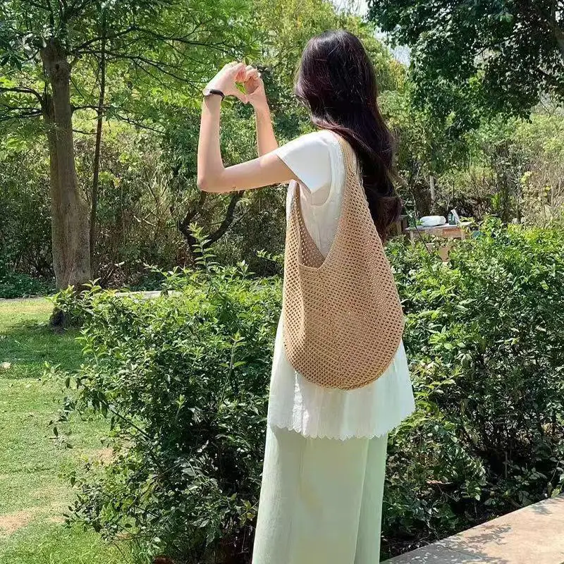 Fashion Women's Hollow Woven Shoulder Bags Large Capacity Knitting Underarm Bag Solid Crochet Tote Handbag Summer Mesh