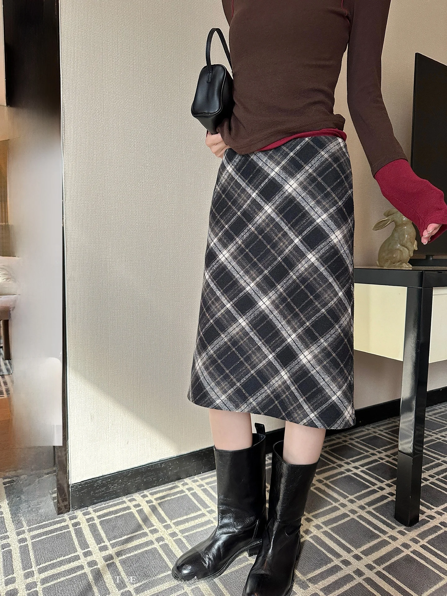 

Женская прямая юбка миди в клетку с флисовой подкладкой NingSi, осенне-зимняя, винтажная, свободного кроя, стройнящая, универсальная, средней длины