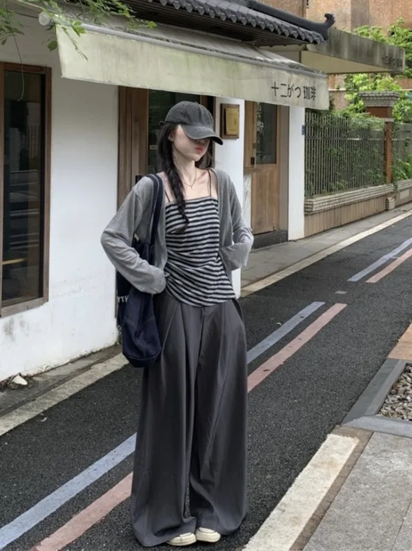 

plus Size Lazy Style Set Summer New Grey Striped Strap Vest Open Cardigan Casual Wide Leg Pants Korean Loose Fit High Waist