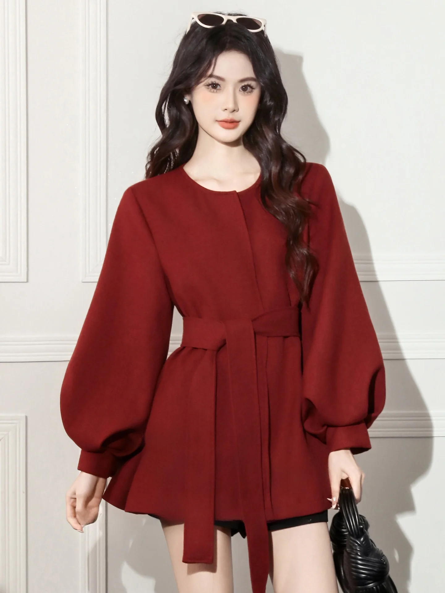 

Red ort Woolen Coat Women's Autumn Winter Slimming Tailored Coat Korean Sle Commute Thiened Long Sve round Ne Pure...