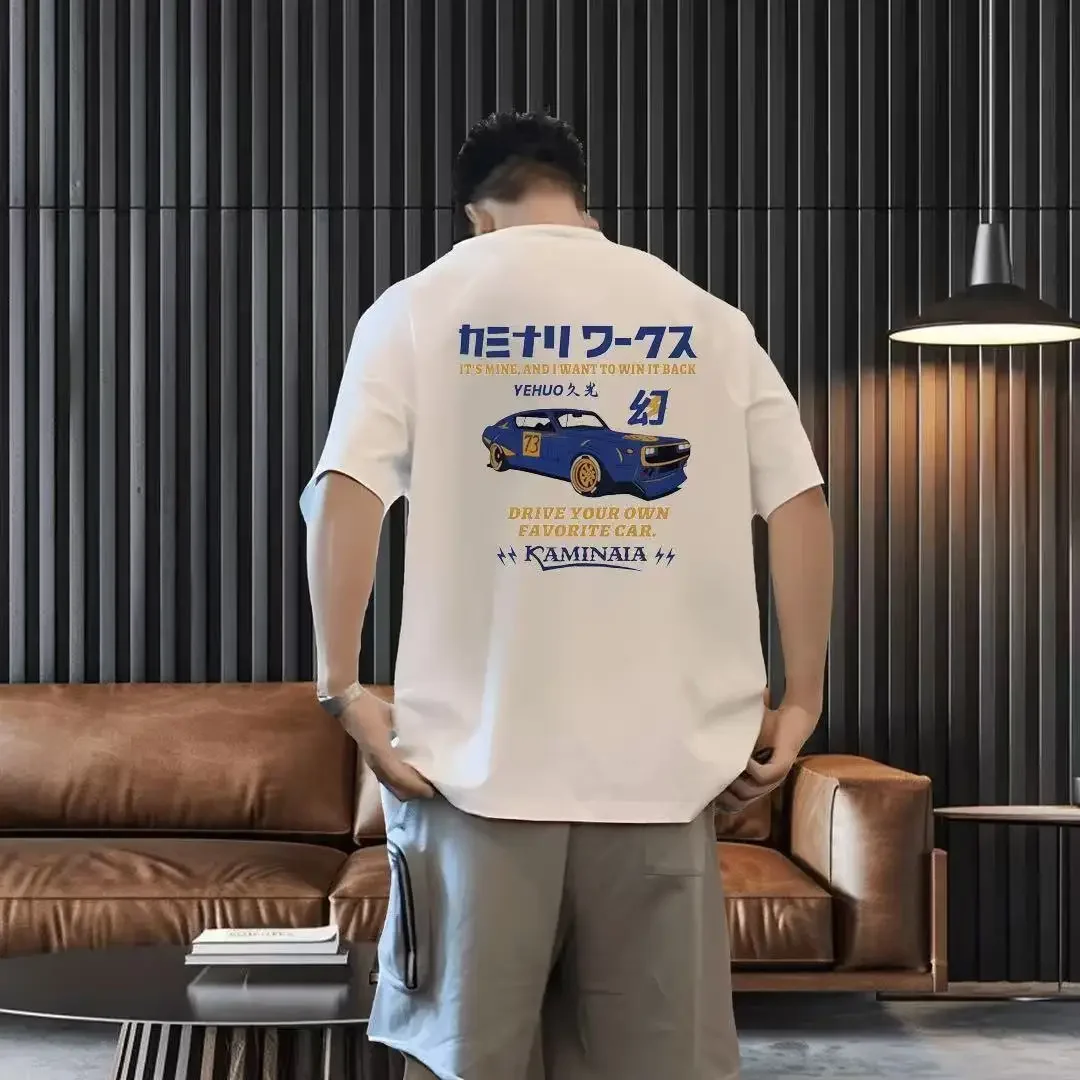 

Японская уличная белая футболка Kamina Works 73, синяя хлопковая футболка с круглым вырезом и рисунком гоночного автомобиля, футболка с круглым вырезом, создающая свой любимый автомобиль Kanji