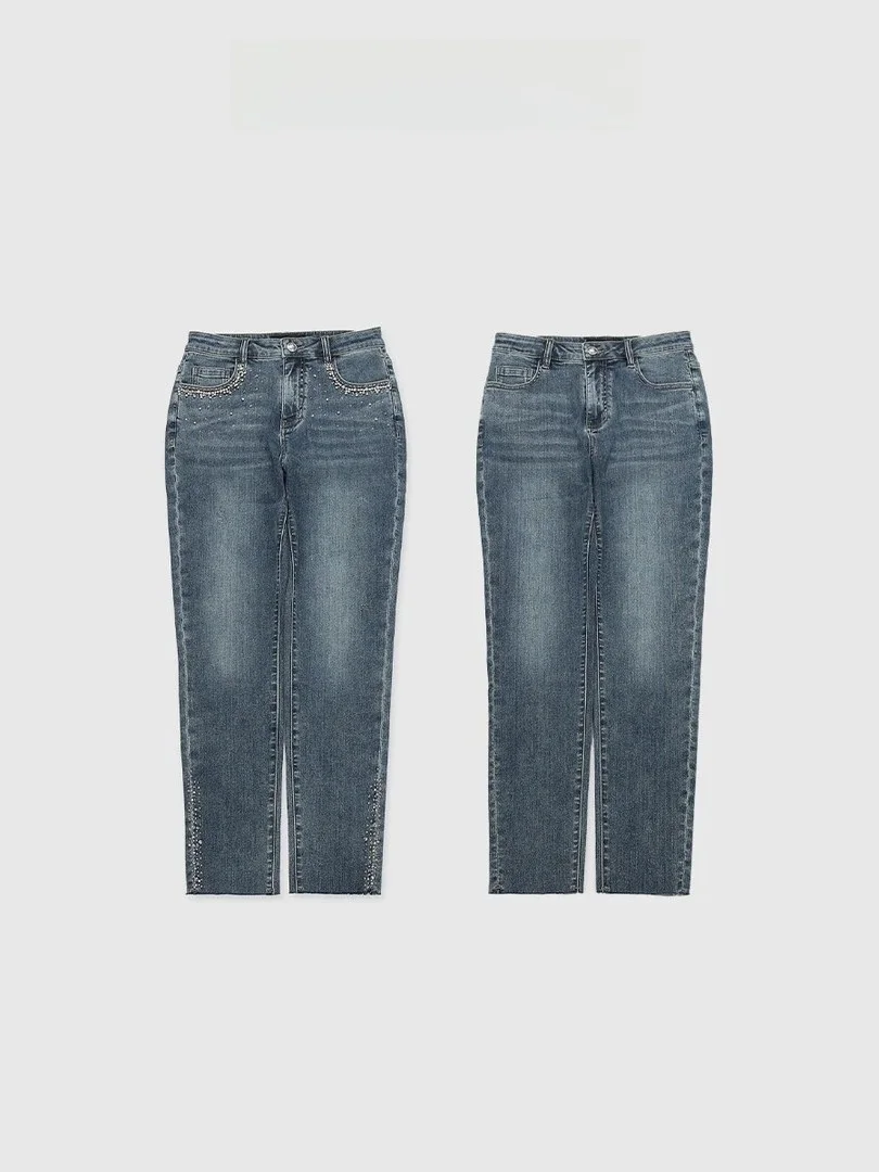 

Джинсы Tang Jialing Sparkling Denim Bead Slim Fit с широкими штанинами, повседневные, с высокой талией, на молнии, из хлопка, для взрослых женщин