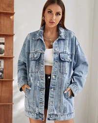 FTLZZ Spring Autumn Casual Women Denim Jacket Vintage Lady Lapel Button Ripped Denim Jacket