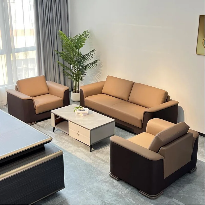 

Large Office Sofa Khaki Simple Business Reception Room Meeting Area Leisure Office Leather Sofa Three People