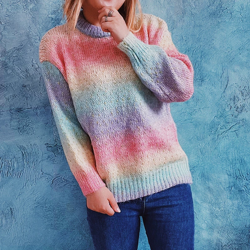 Rainbow Sweater Women Oversized Long Sleeve Top Fashion Gradient Y2k Tie Dye Jumpers O Neck Pull Femme Pullover Striped Sweater