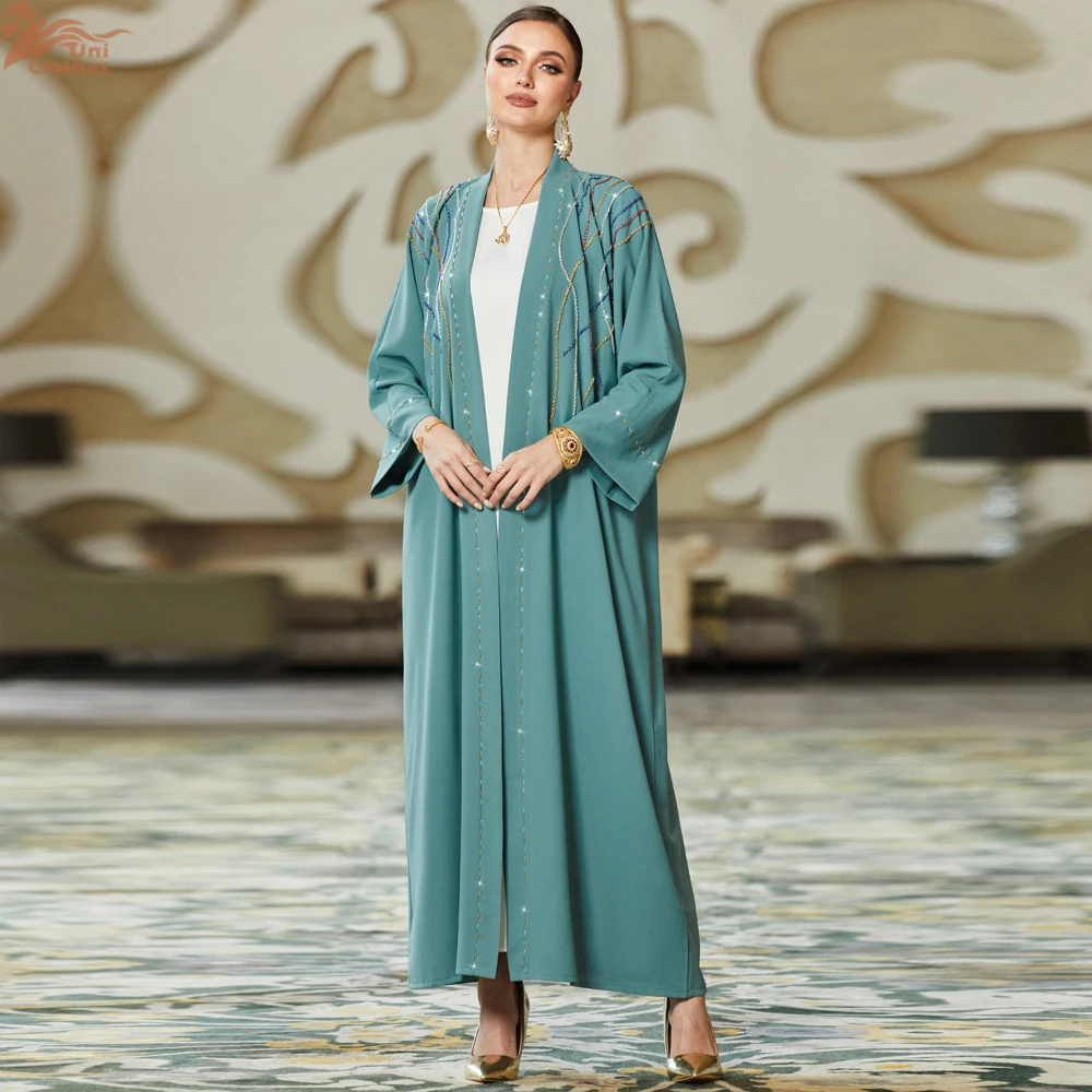 Fashion Pure Handwork Rhinestone Dubai Abayas For Female Basic Solid Full Sleeve Turkish Women's Elegant Kimono