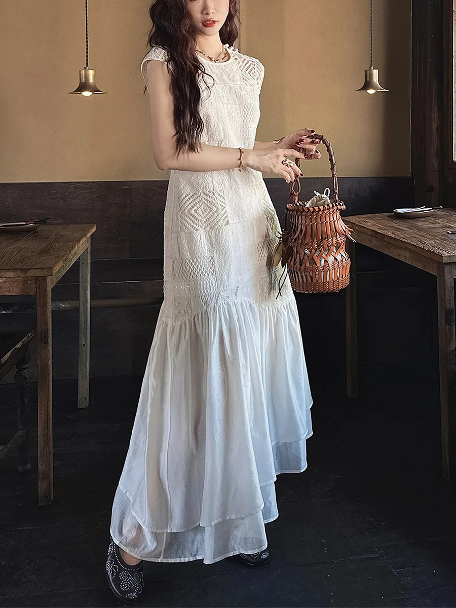 

VERLENA Women's Long Dresses 2025 Summer Elegant Short Sleeve Embroidery Openwork Lace Patchwork Irregular Hem Chic White Dress