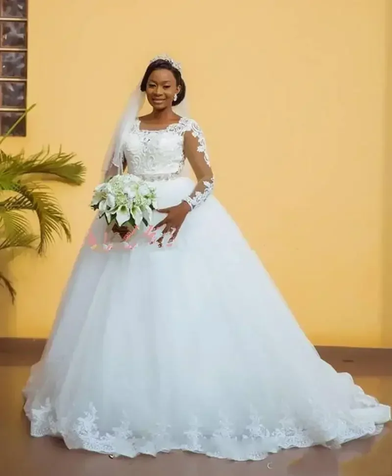 Customized Nigerian Lace Beads Wedding Dress Long Sleeve Tulle Vestido De Novia Country Formal Africa  Bridal Gown