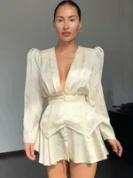 Women Printed Waistband Puff Sleeve Satin Dress Elegant Waist Cinched V-neck Buttons Dresses 2026 Holiday Summer Short Vestido - Image 2