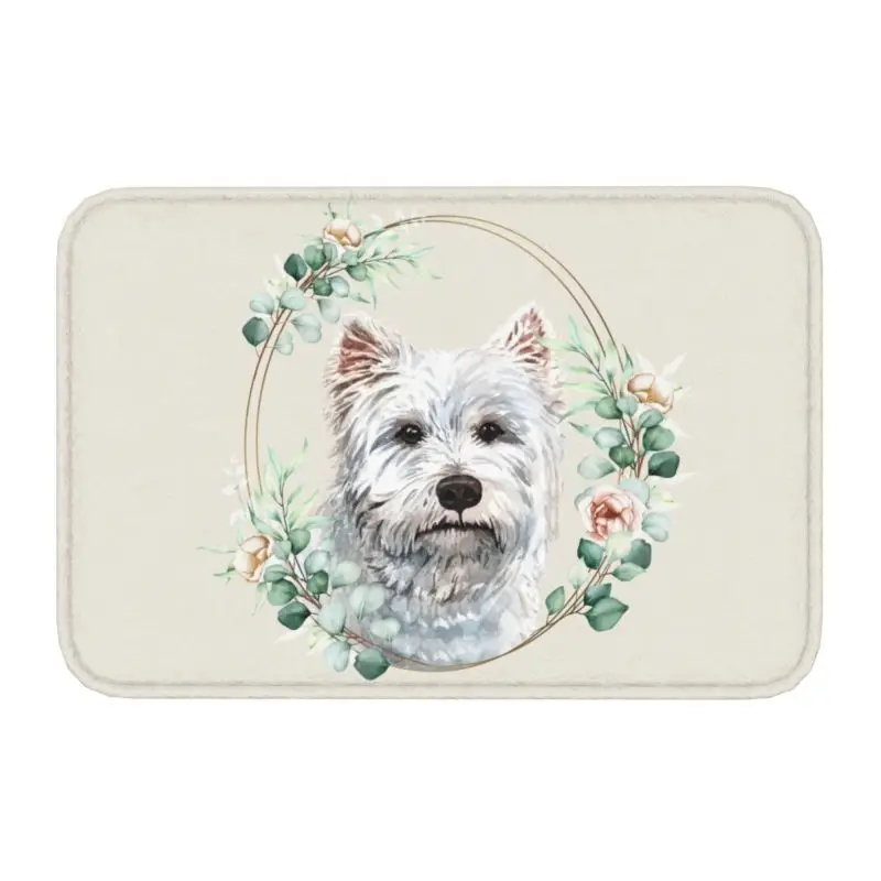 Custom West Highland White Terrier Dog In Floral Gold Wreath Doormat Non-Slip Entrance Door Floor Mat Garage Rug Carpet Footpad