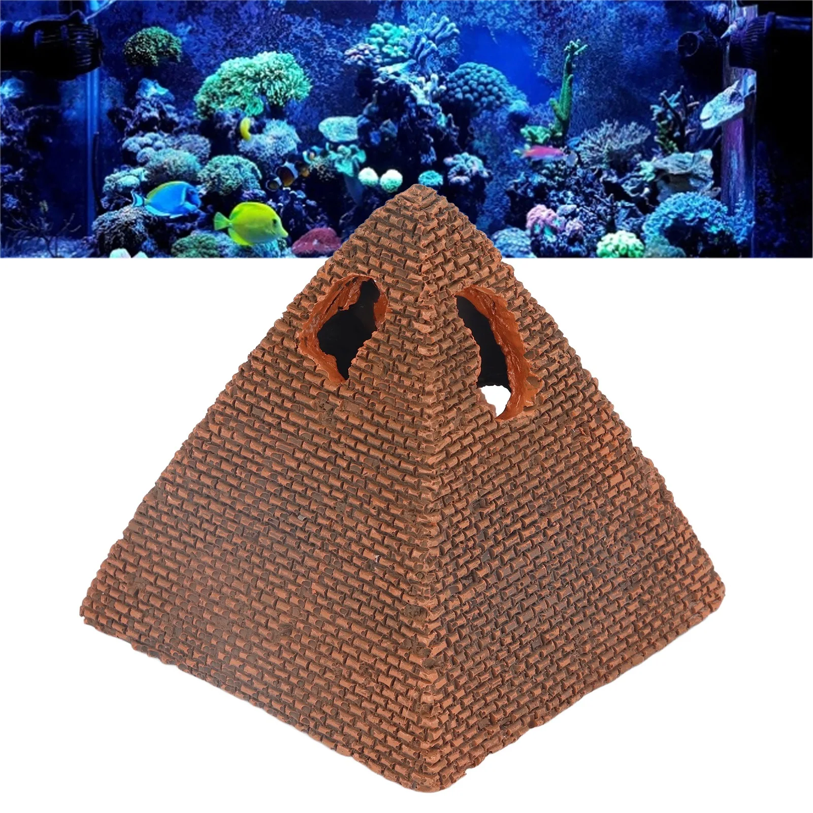 Resin Craft Aquarium Ornament Brick Red Ancient Ruins Style Pyramid Castle Textured Surface Hollow Openings Hiding Cave