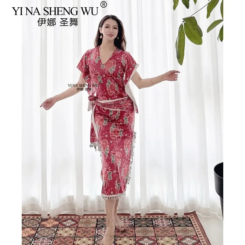 Vestito di danza del ventre Rosso mattone stampato Farfalla Abito con paillettes Stile shabby Pratica sul palco Performance Abbigliamento da ballo per ballerine femminili