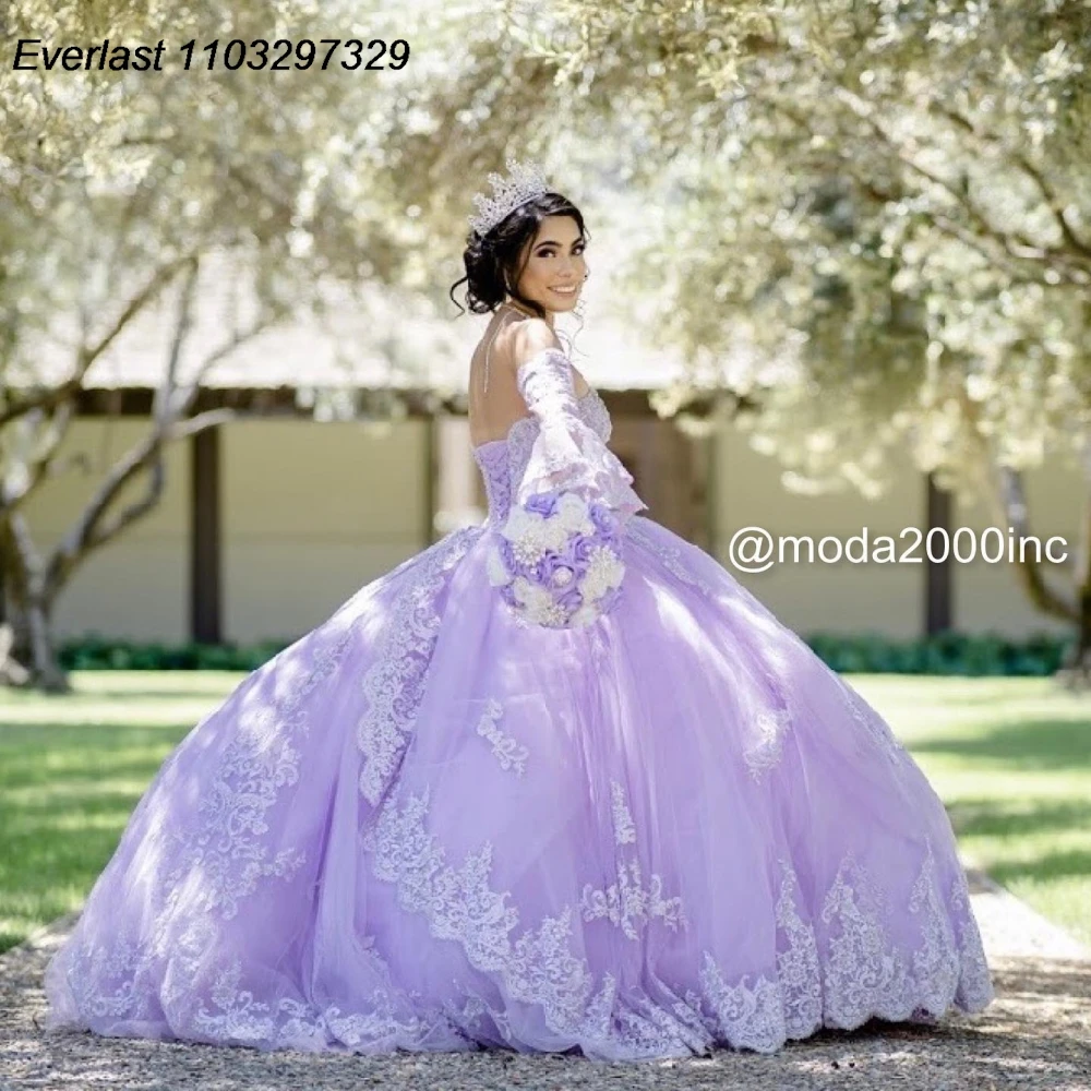 EVLAST индивидуальное сиреневое платье Quinceanera, бальное платье, блестящая кружевная аппликация, корсет из бисера и кристаллов, Sweet 16, Vestido De 15 Anos TQD934