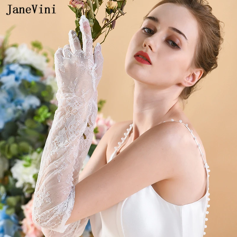 JaneVini 2023 Elegantes Mulheres Lace Mão Luvas 58CM Longas Luvas De Noiva Dedo Cheio Comprimento Ópera Luva Vestido de Casamento Acessórios